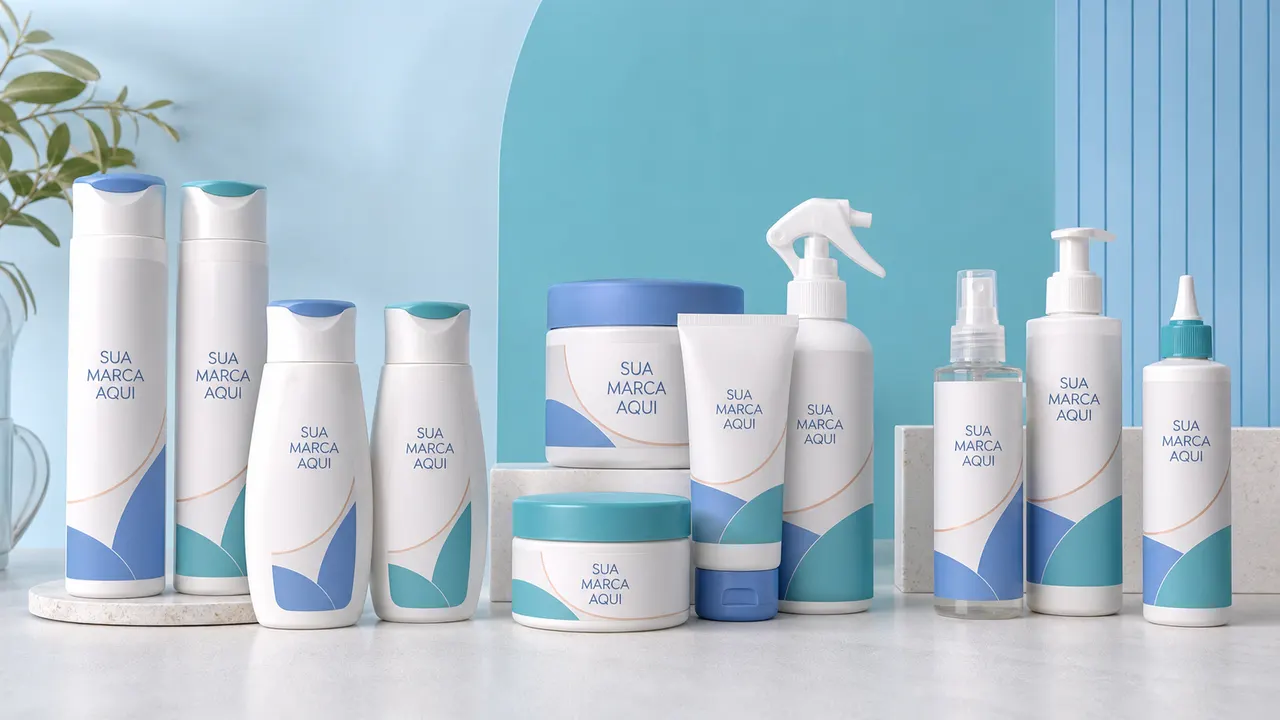 Linha completa de cosméticos capilares com rótulos Sua marca aqui