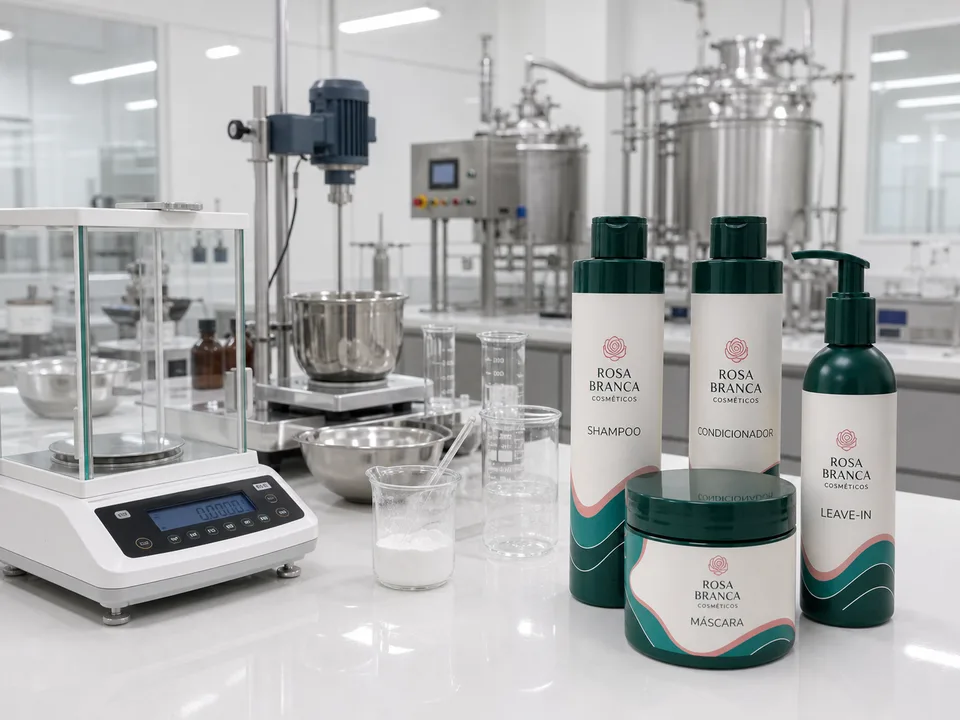 Laboratório tecnológico da Rosa Branca Cosméticos com equipamentos de precisão e produtos capilares