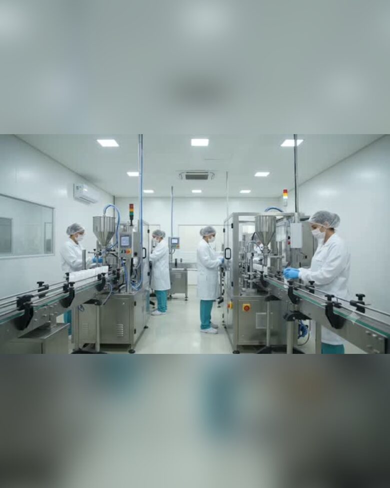 Sala limpa da fábrica com operadoras de jaleco nas envasadoras automáticas