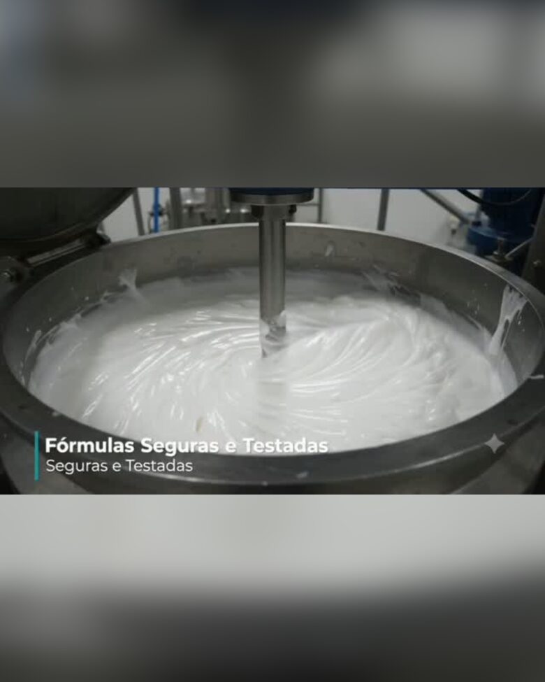 Tanque industrial batendo creme cosmético durante a produção