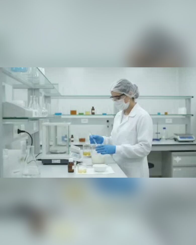 Técnica pesando insumos no laboratório de controle de qualidade